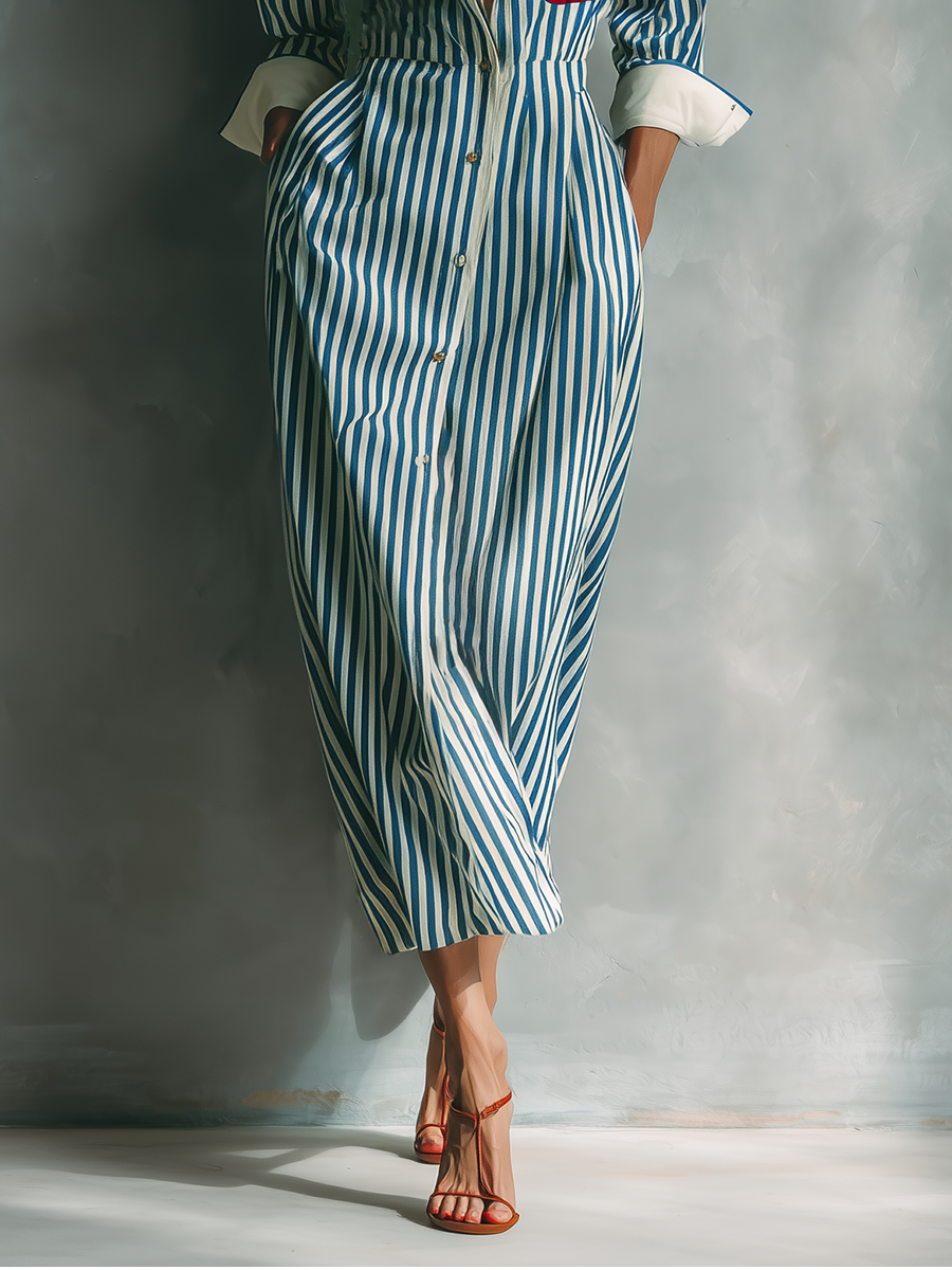 Women's Blue And White Cotton Blend Striped Shirt Dress With Red Chest Pocket MDZ1286C2T