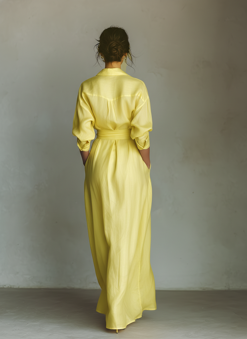 Women's Lemon Yellow Cotton And Linen Blend Maxi Shirt Dress With Tie Waist & Half Sleeves MDZ2884A4T