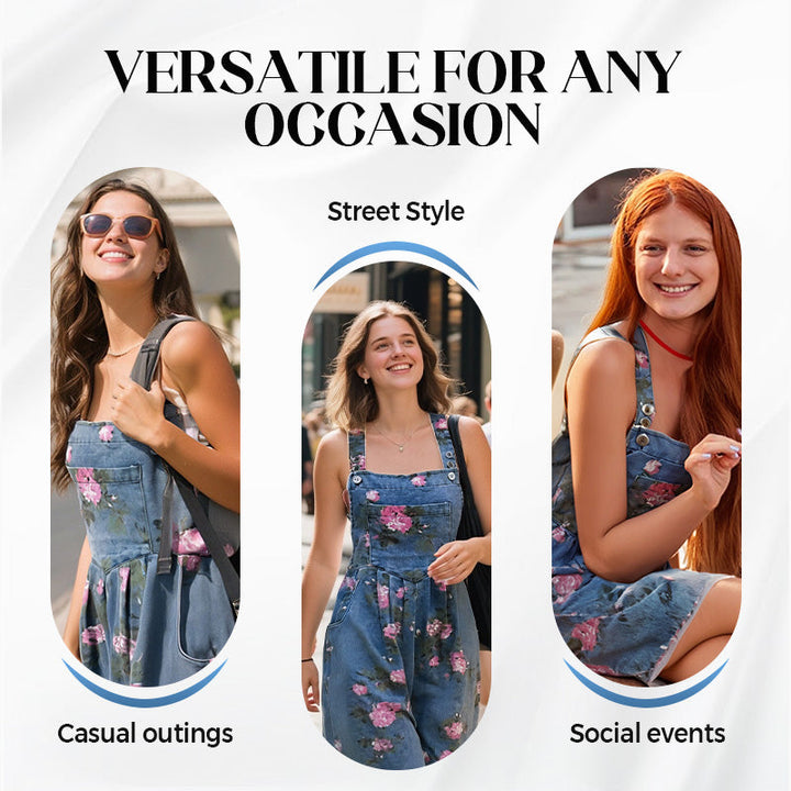 Vintage Floral Printed Denim Jumpsuit