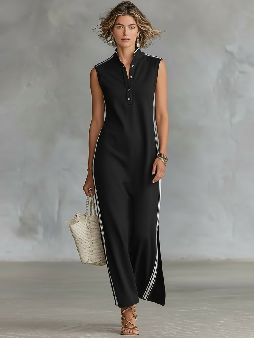 Women's Minimalist Athletic-Style Sleeveless Henley Maxi Dress MDZ1960C6Y