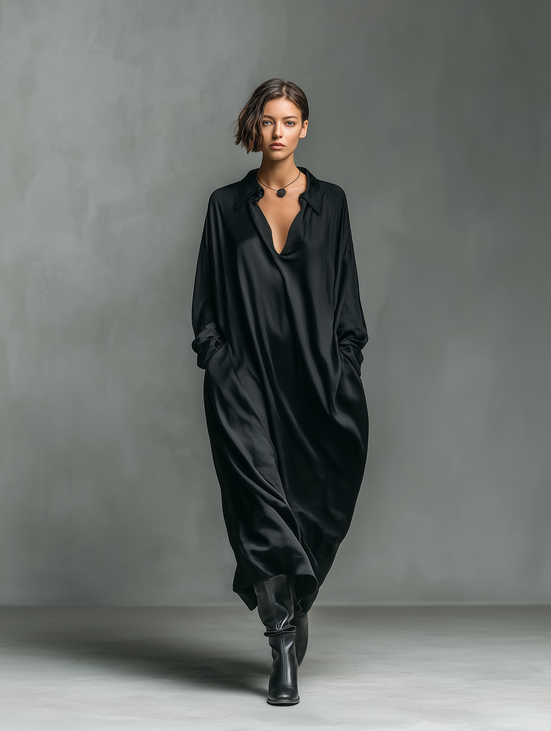 Women's Fashionable Casual Black Glossy Satin Long-sleeved Loose-fitting Maxi Dress With Pockets MDA2476K9AN