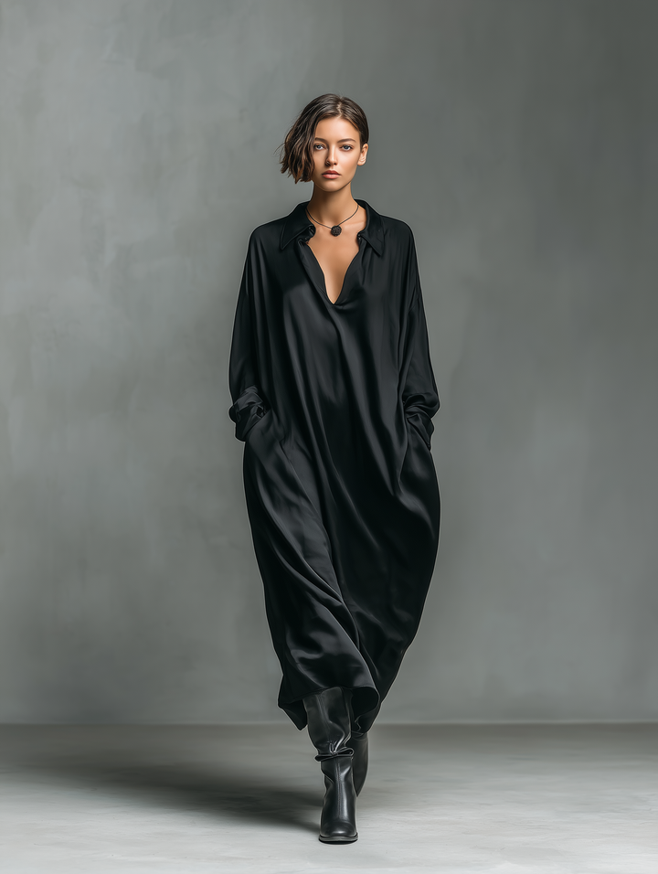 Women's Fashionable Casual Black Glossy Satin Long-sleeved Loose-fitting Maxi Dress With Pockets MDA2476K9AN