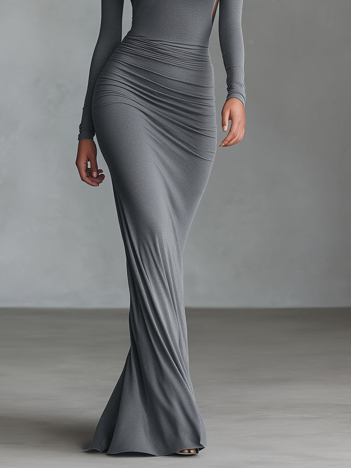 Women's Grey Elegant Stretch - Polyester-Cotton Blend Ruched Open - Back Maxi Dress MDA2860H8I
