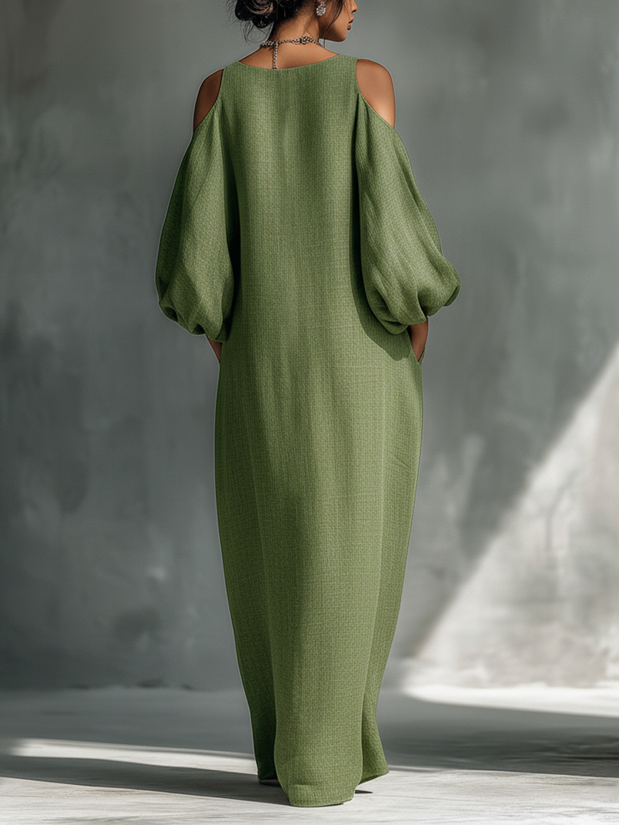 Women's Light Green Cold-Shoulder Maxi Dress With Oversized Puff Sleeves & Side Pockets MDZ1004B7T