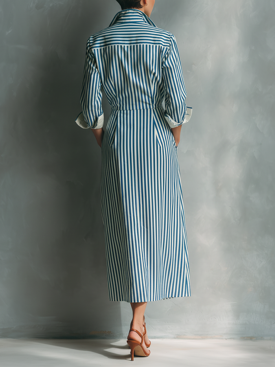Women's Blue And White Cotton Blend Striped Shirt Dress With Red Chest Pocket MDZ1286C2T