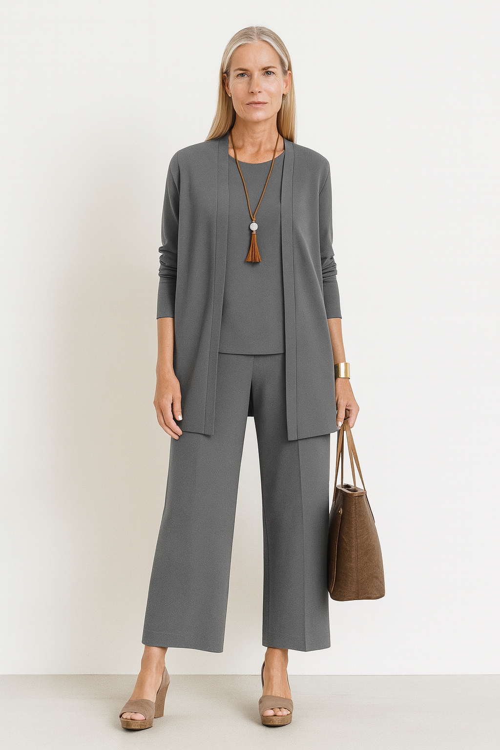 Adele | Women's Cashmere-Blend 3-Piece Cardigan, Top & Wide-Leg Trouser Set