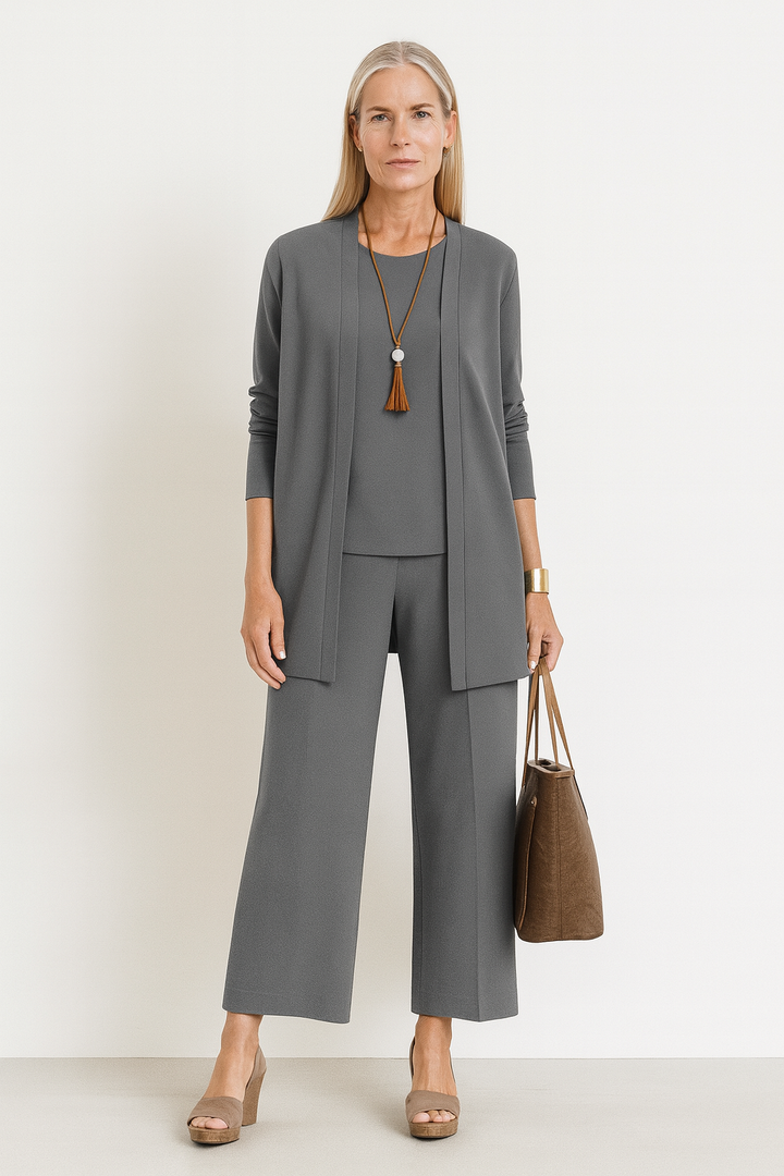 Adele | Women's Cashmere-Blend 3-Piece Cardigan, Top & Wide-Leg Trouser Set
