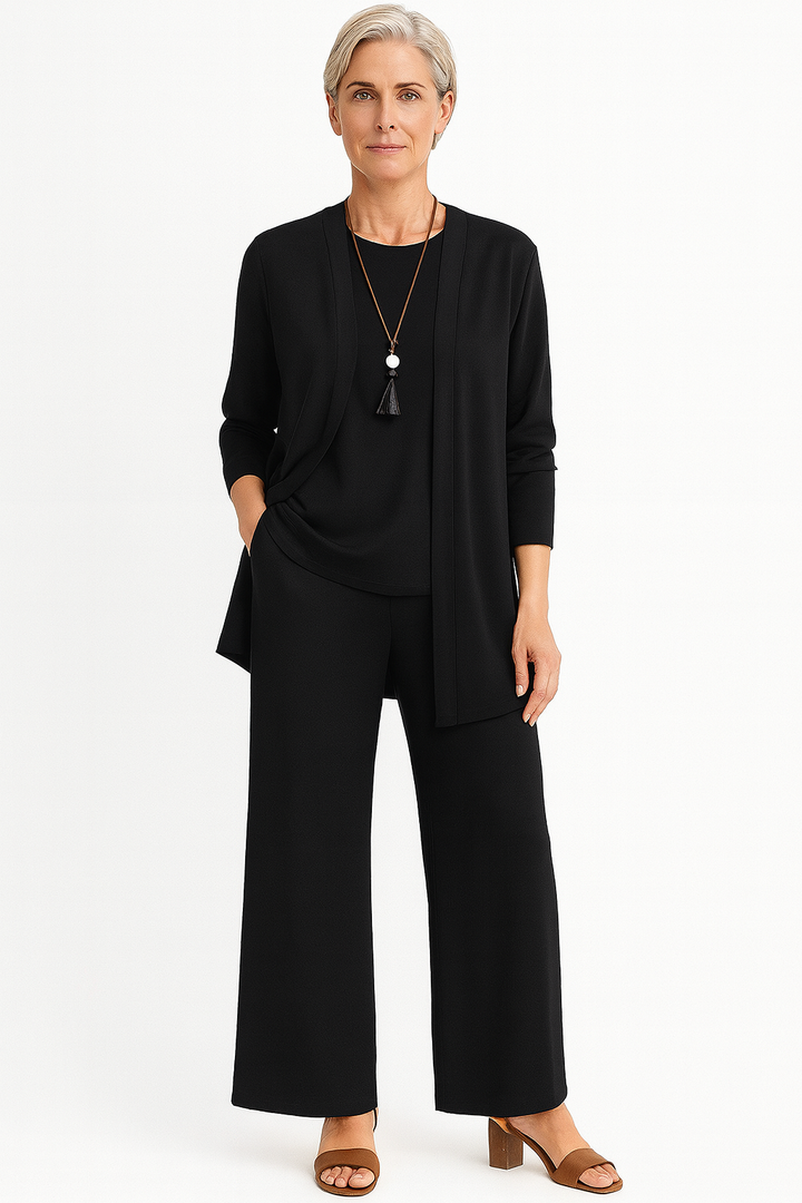 Adele | Women's Cashmere-Blend 3-Piece Cardigan, Top & Wide-Leg Trouser Set