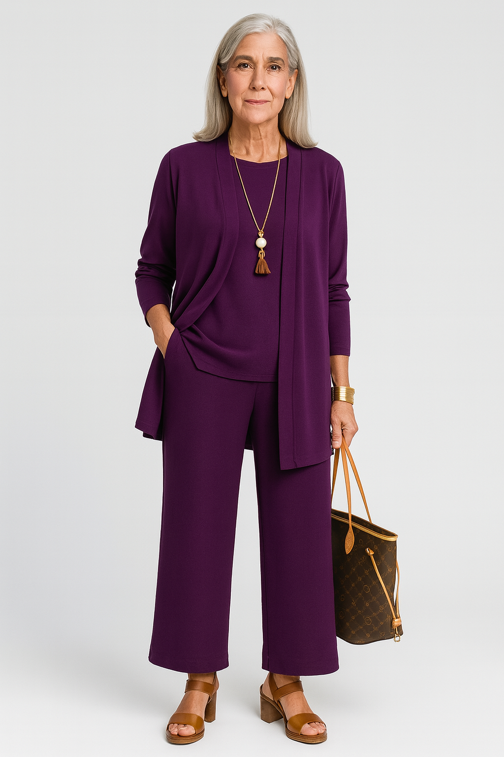 Adele | Women's Cashmere-Blend 3-Piece Cardigan, Top & Wide-Leg Trouser Set