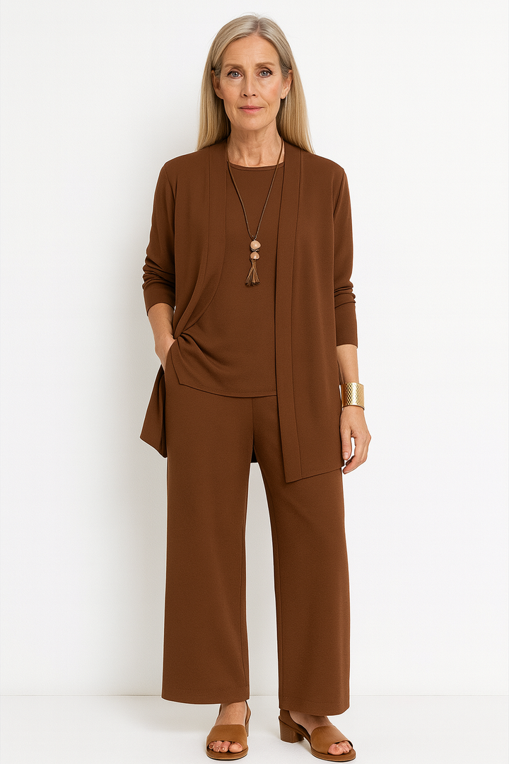 Adele | Women's Cashmere-Blend 3-Piece Cardigan, Top & Wide-Leg Trouser Set