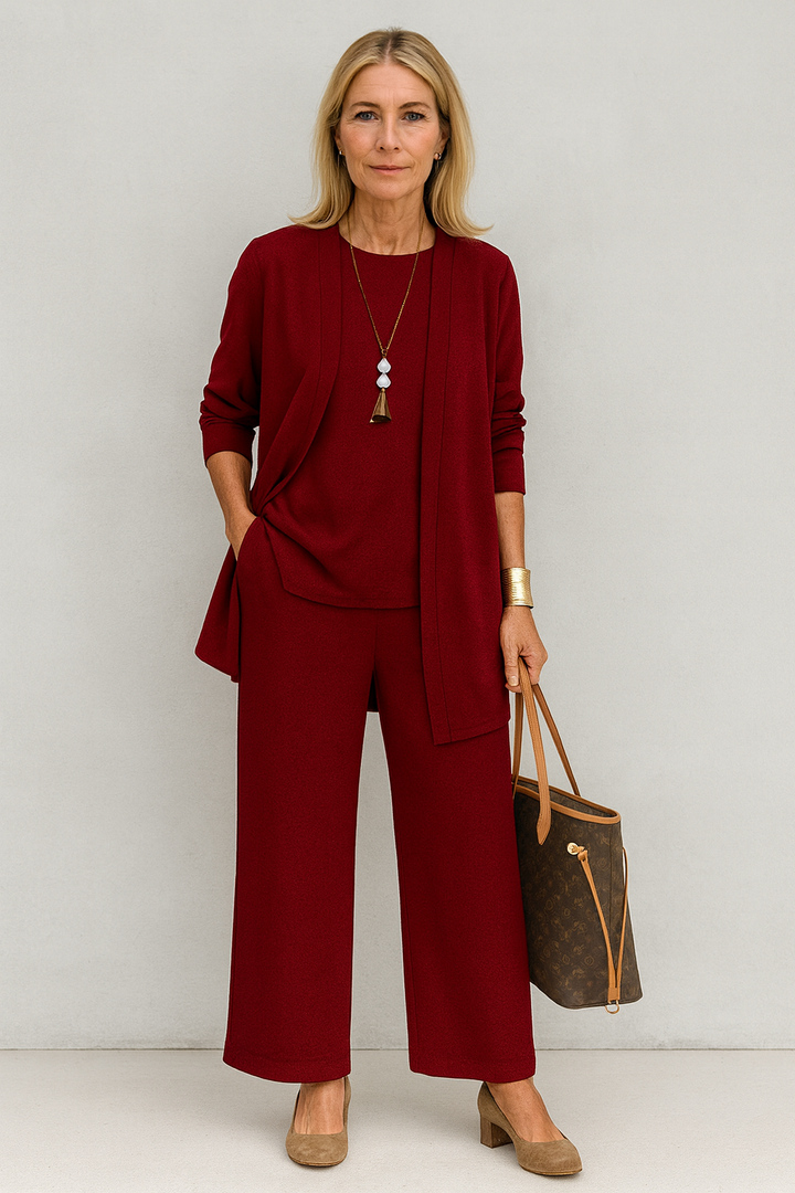Adele | Women's Cashmere-Blend 3-Piece Cardigan, Top & Wide-Leg Trouser Set