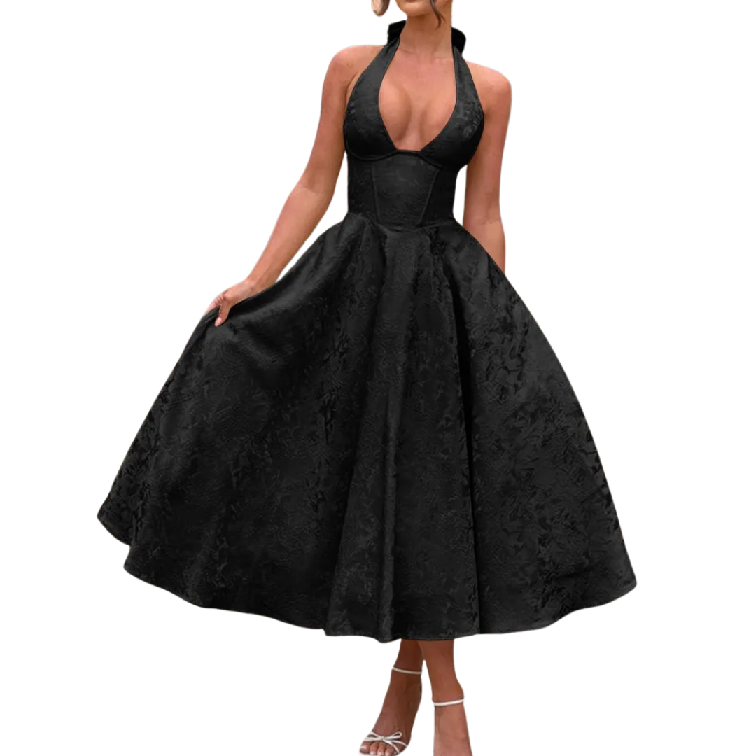 VIOLAINE™ – Embroidered Halter V-Neck Evening Dress