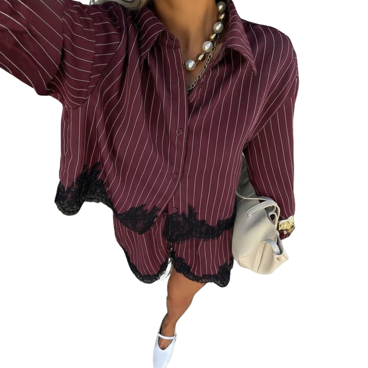SOLÈNE™ – Lace Trim Striped Shirt & Shorts Set