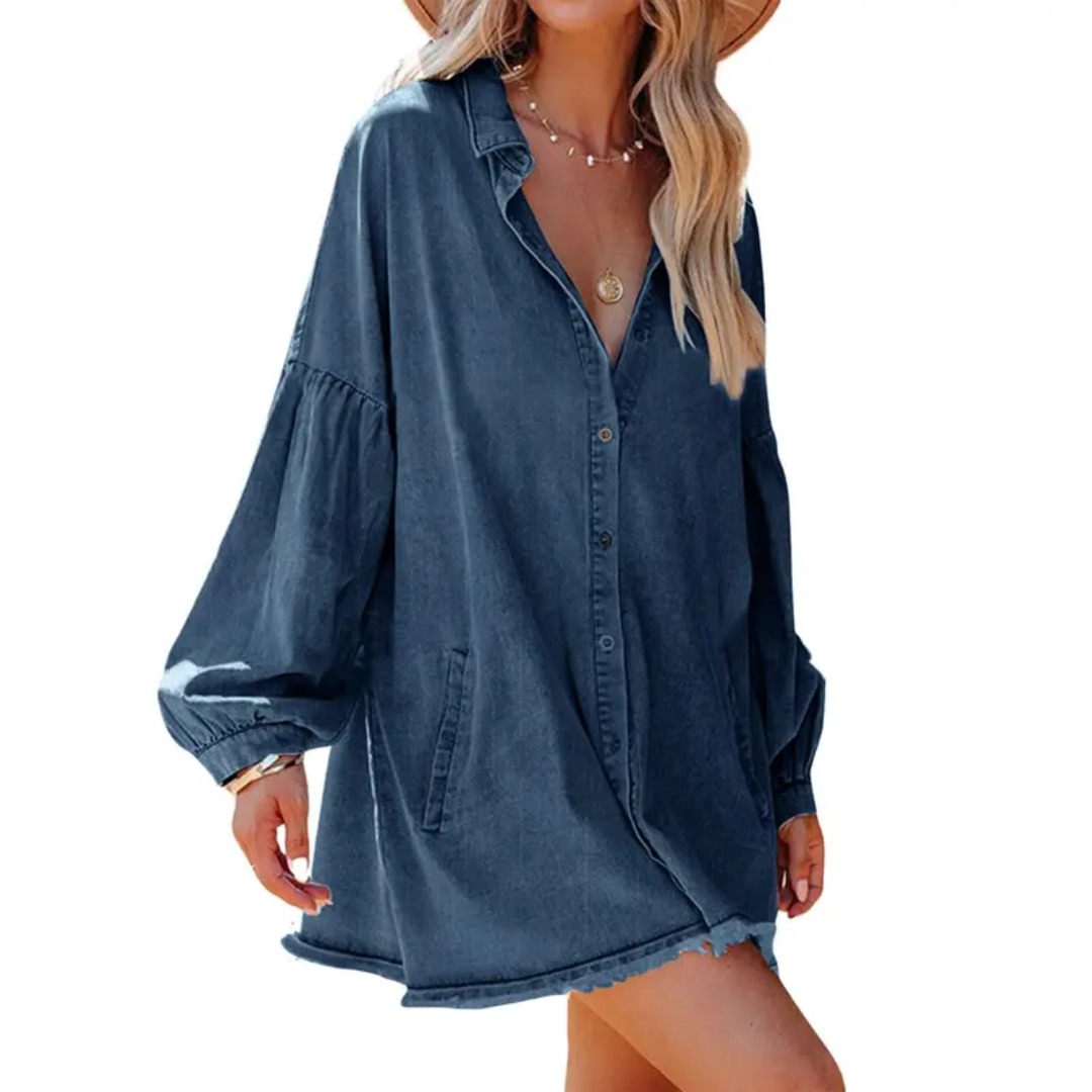 DELVINA™ – Oversized Distressed Denim Tunic Dress
