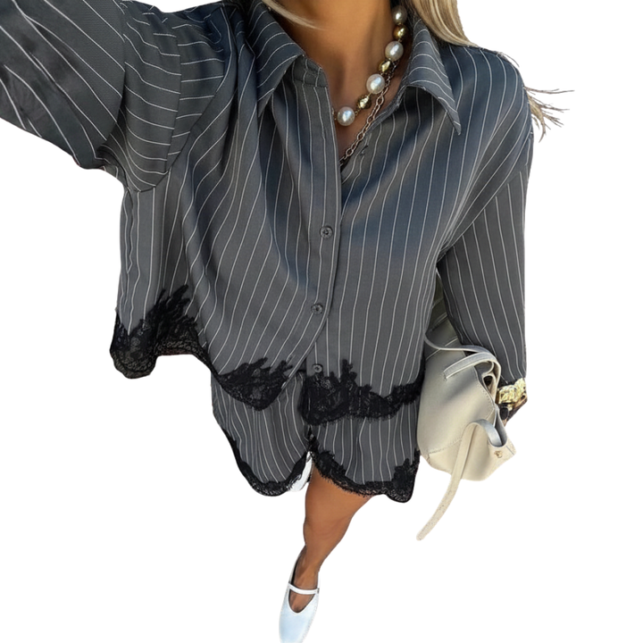 SOLÈNE™ – Lace Trim Striped Shirt & Shorts Set