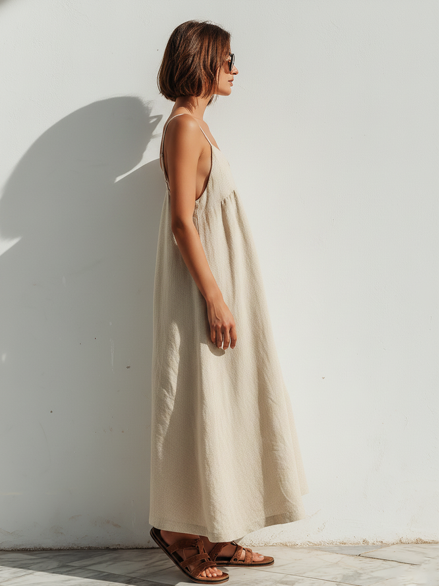 Women's Lightweight Linen Swing Dress With Loose Fit & Asymmetric Hem, Contemporary Effortless-Elegant Style Dress MDZ1369D3LYL