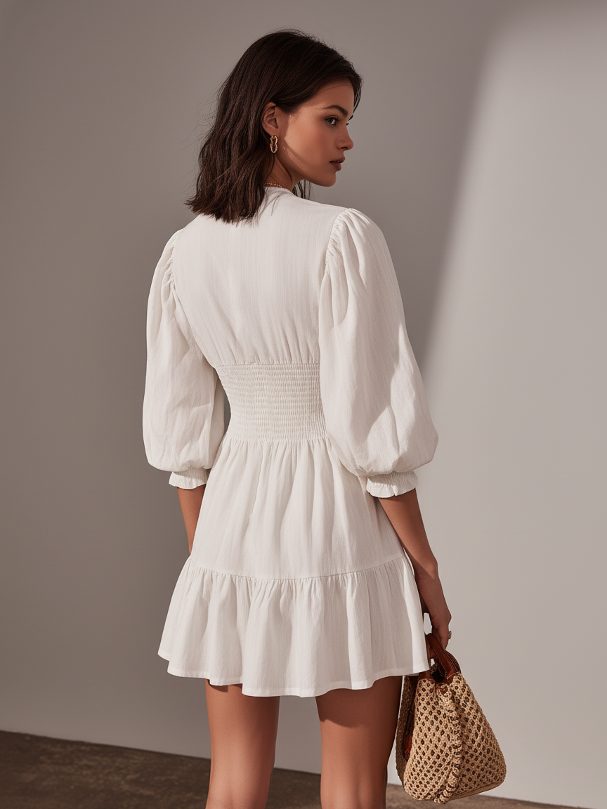 Women's Casual White Cotton-Linen Short Dress With Round Neck, Mid-Length Sleeves, And Zipper Detail MDZ3123C5LXY