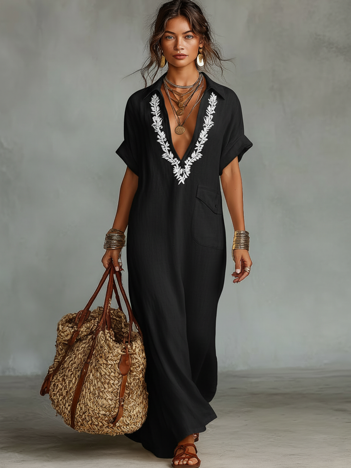 Women's Minimalist Linen Blend Embroidered Short-sleeved Shirt Maxi Dress MDZ0600A1Y