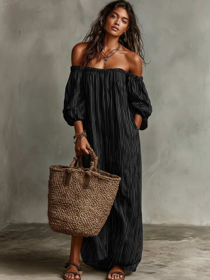 Women's Vacation Cotton-linen Blend Off-shoulder Long-sleeved Maxi Dress MDZ0481B5Y