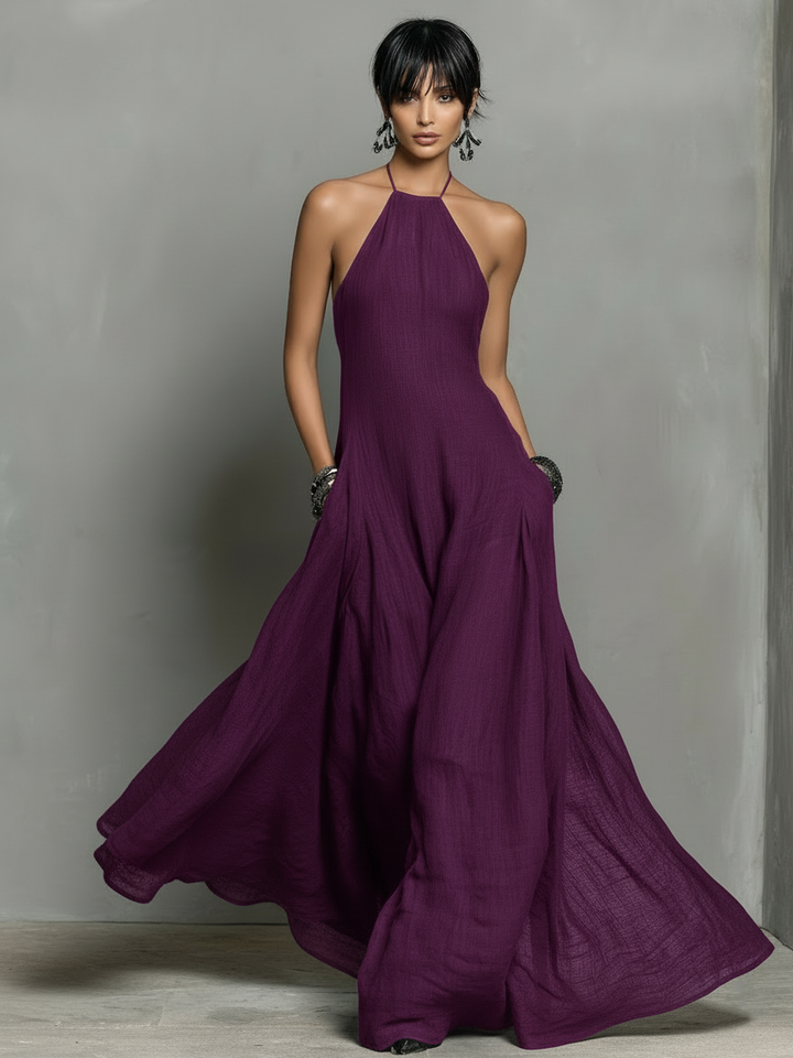 Women's Minimalist Linen Blend Halter Neck Sleeveless Maxi Dress MDZ2210A0Y