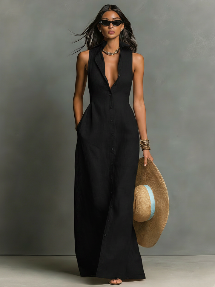 Women's Minimalist Linen-Blend Collared Single-Breasted Sleeveless Maxi Shirt Dress MDZ1011C0Y