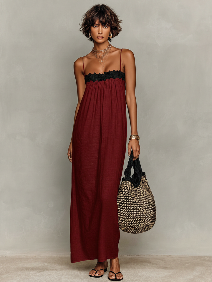 Women's Minimalist Linen-Blend Lace-Paneled Strapless With Spaghetti Straps Maxi Dress MDZ1926C9Y