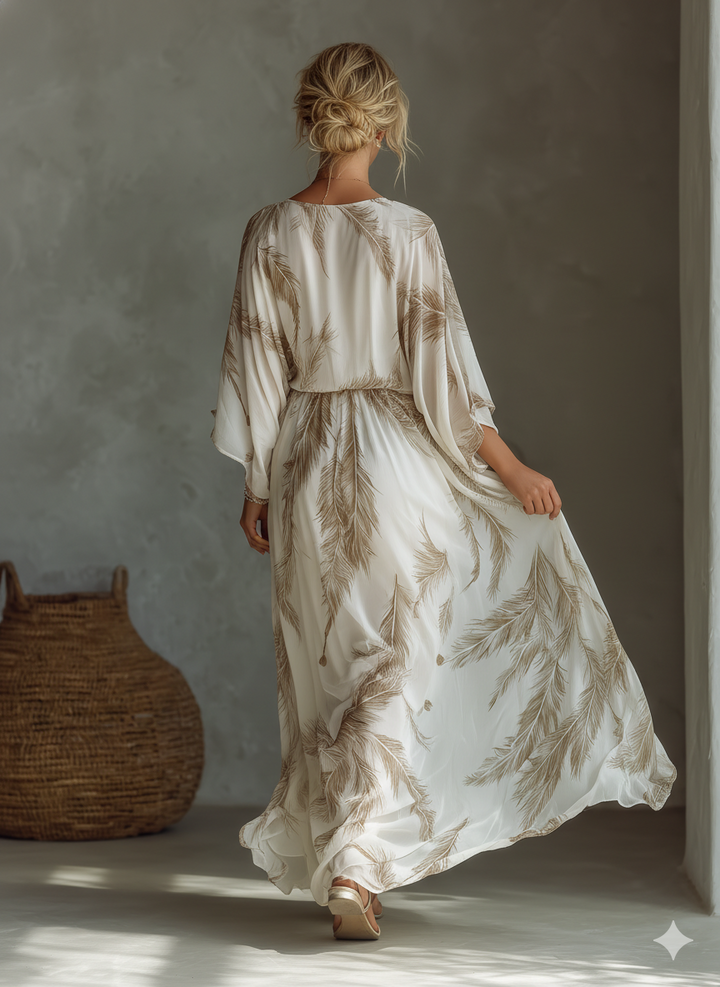 Women's Ivory And Taupe Chiffon Fabric Dolman Sleeve Maxi Dress With Twist Front & Palm Leaf Print MDZ0332B6T