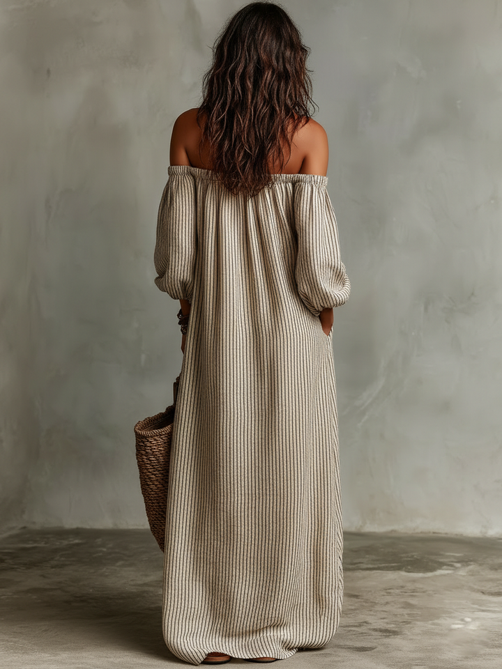 Women's Vacation Cotton-linen Blend Off-shoulder Long-sleeved Maxi Dress MDZ0481B5Y