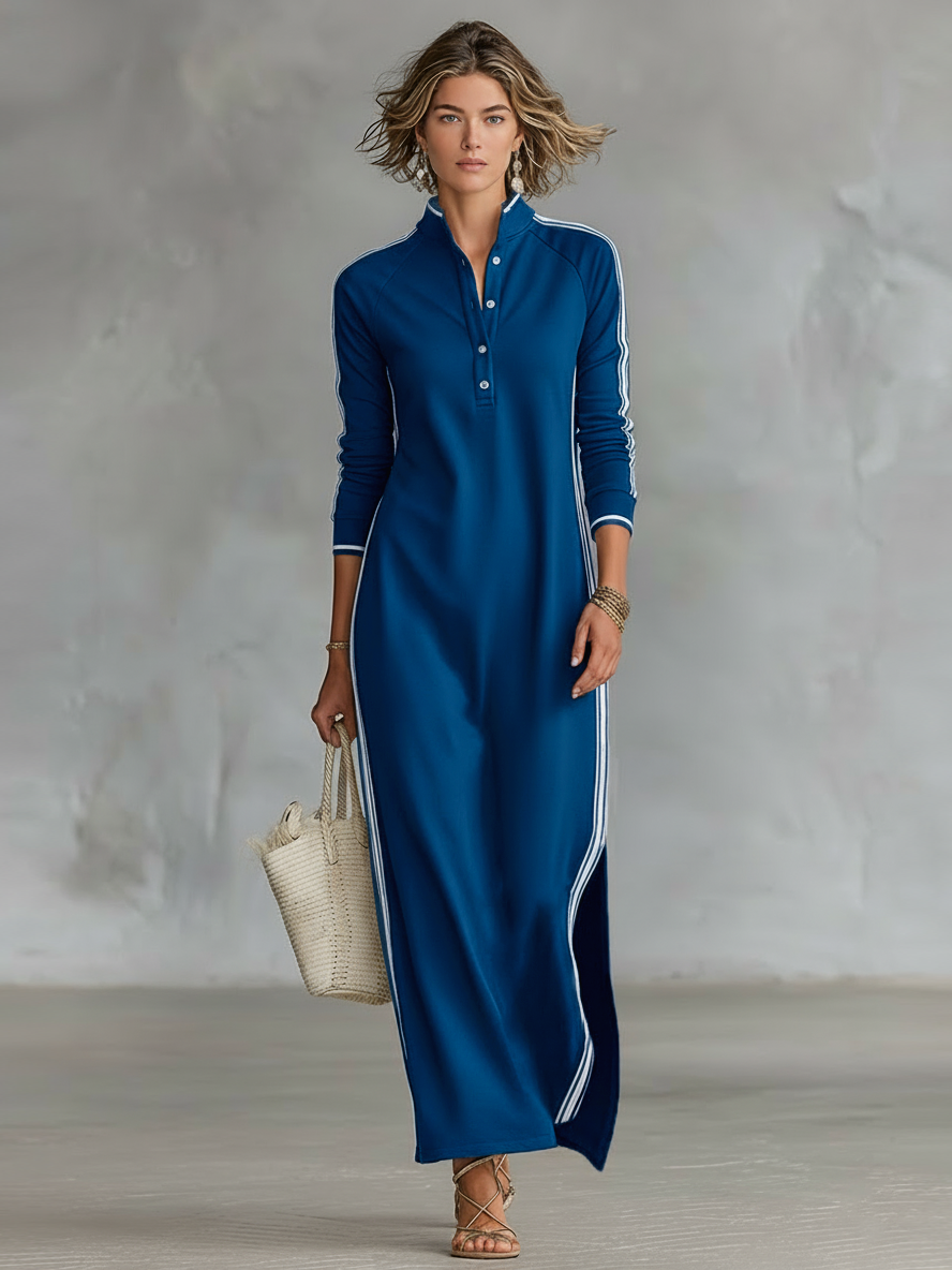 Women's Minimalist White-trimmed Button-down Collar Sweatshirt Dress Maxi Dress MDA0958L0Y