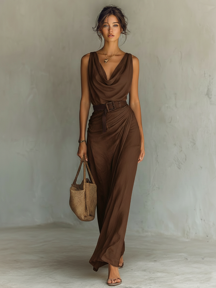 Women's Minimalist Cowl Neck Sleeveless Belted Maxi Dress MDZ1262A0Y