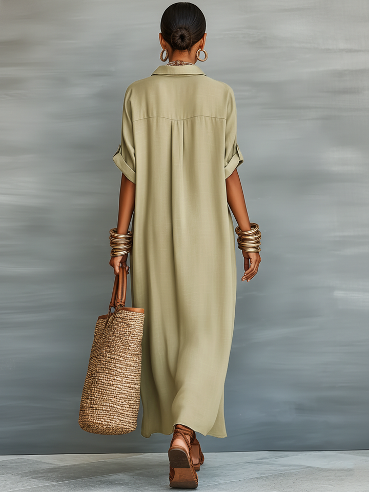 Women's Minimalist Linen Blend Short-sleeved Shirt Maxi Dress MDZ0647A2Y