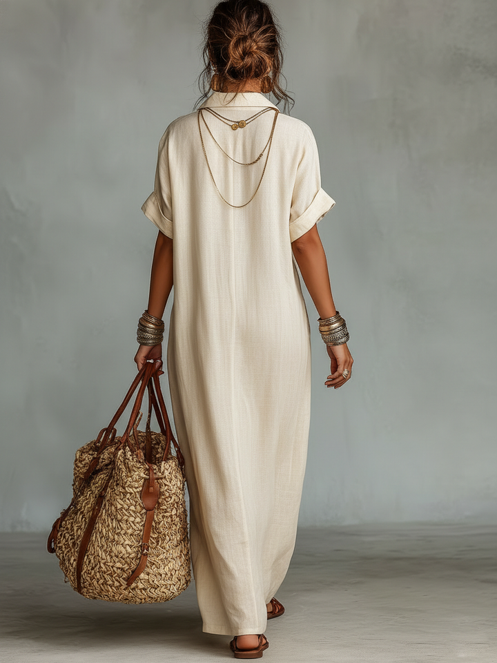 Women's Minimalist Linen Blend Embroidered Short-sleeved Shirt Maxi Dress MDZ0600A1Y