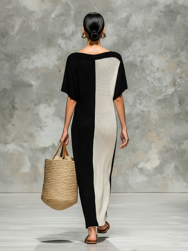 Women's Minimalist Knitted Boat Neck Short-sleeved Maxi Dress MDZ0969A4Y