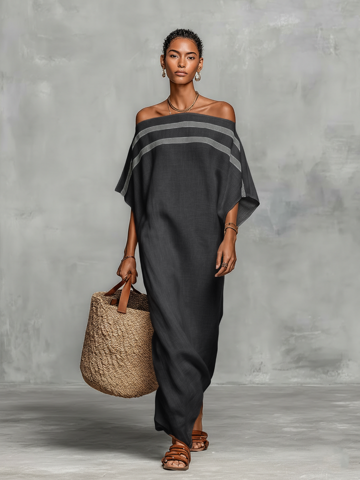 Women's Minimalist Linen Blend Off-the-shoulder Batwing Sleeve Straight-cut Maxi Dress MDZ0949A8Y