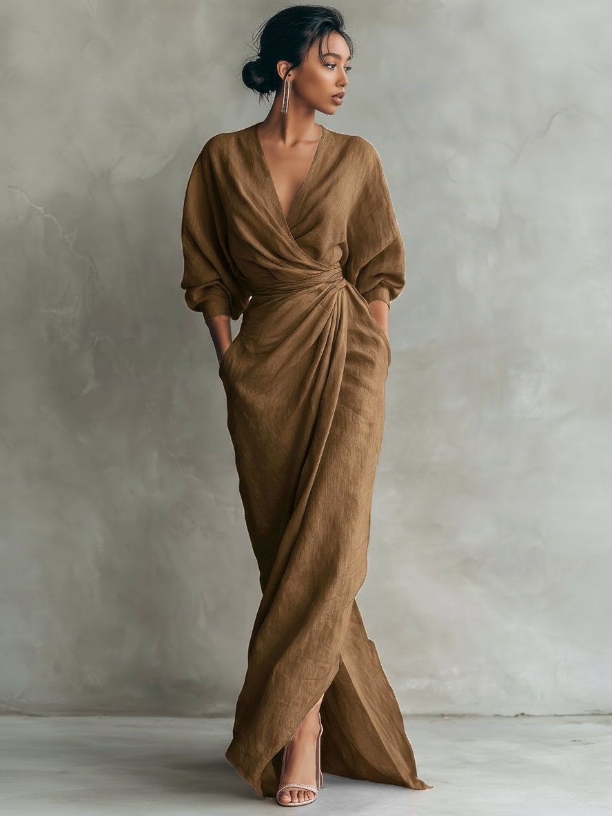 Women's  Pink Minimalist V-neck Linen Blend Maxi Dress MDA1655L0Y