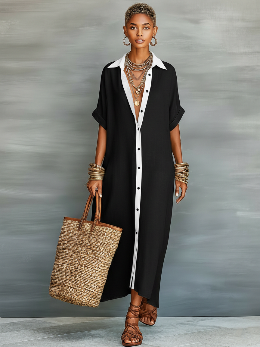 Women's Minimalist Linen Blend Short-sleeved Shirt Maxi Dress MDZ0647A2Y
