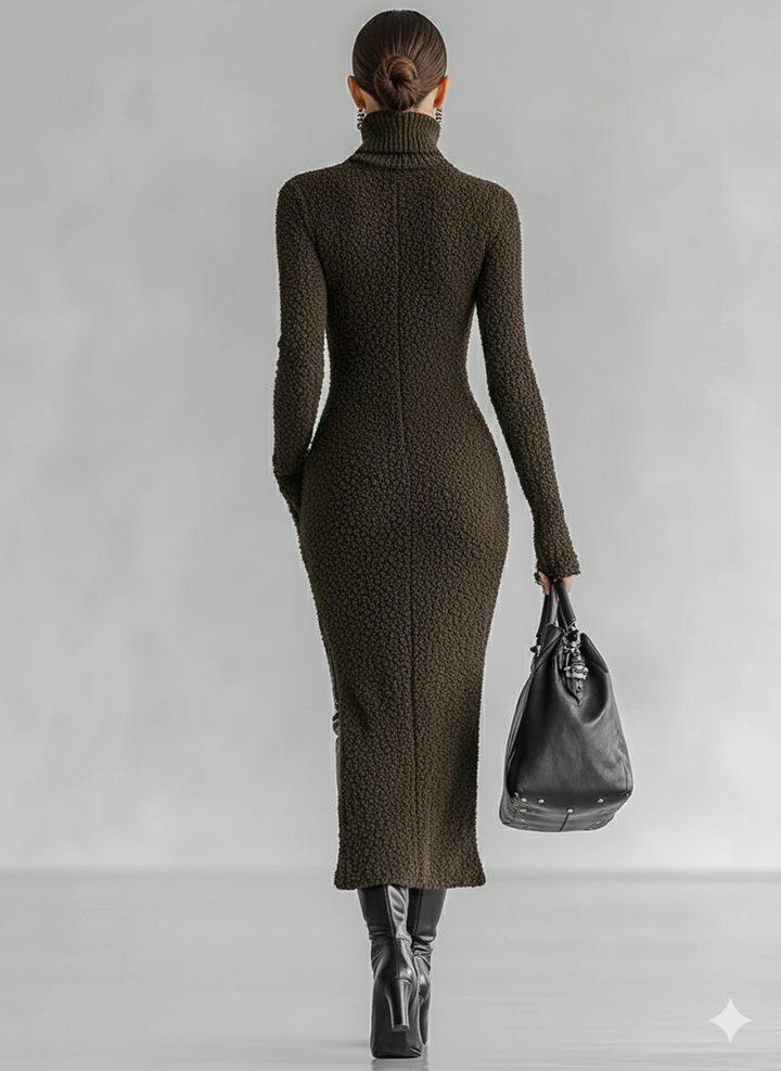 Women's Slim Fit Plush Knitted High Neck Side Slit Midi Dress MDA1401J4Y