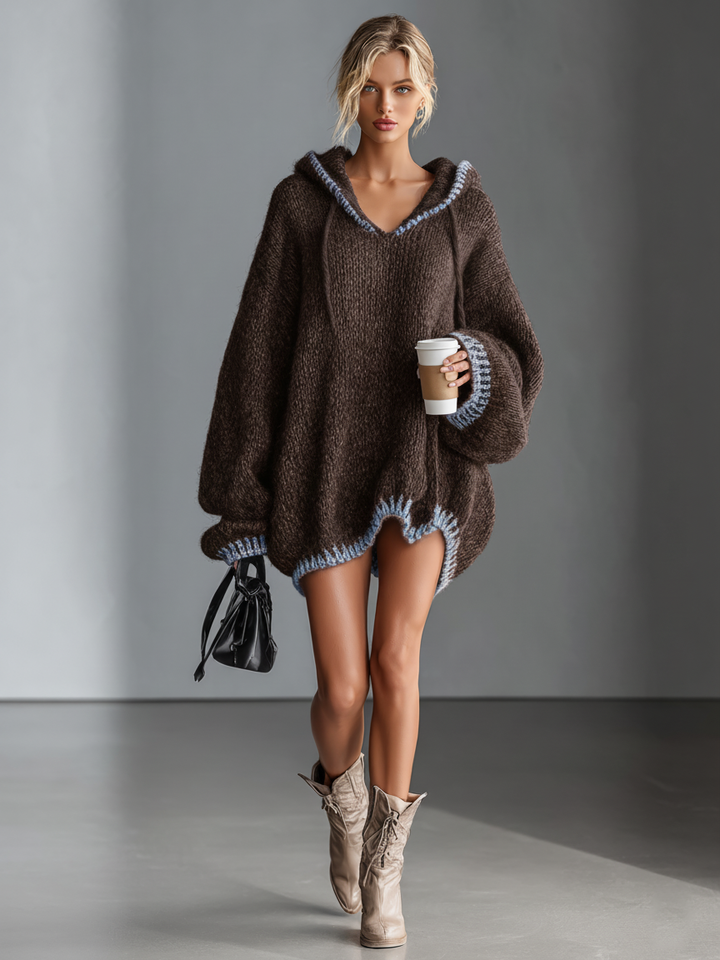 Women's Loose Hooded Pink Trimmed Knit Mini Dress MDA0255I8Y