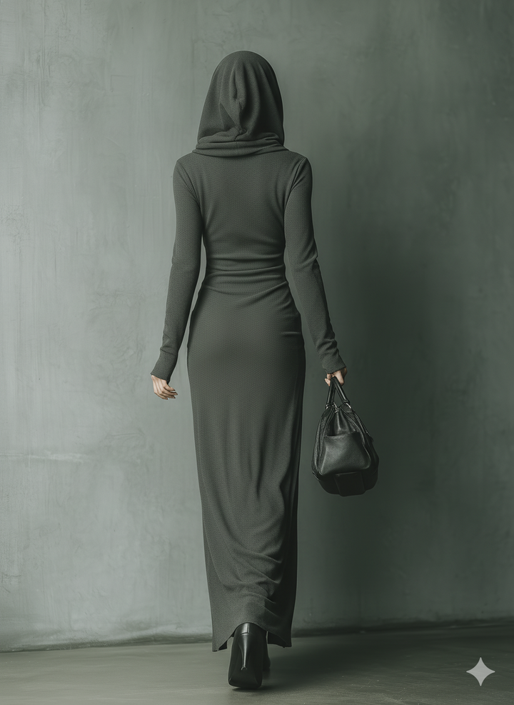 Women's Dark Grey High Elastic Knitted Hooded Maxi Dress MDA1303J1T