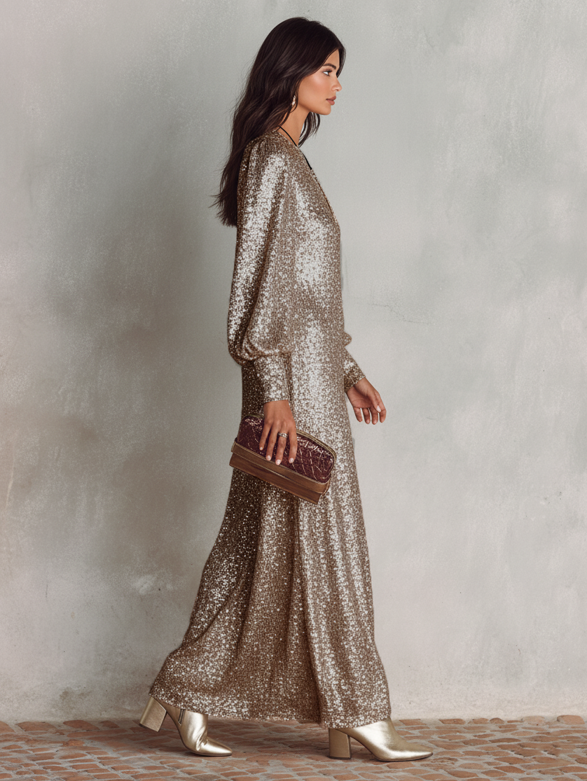 Women's Minimalist Loose Shimmering V-neck Maxi Party Dress MDA1819I0Y