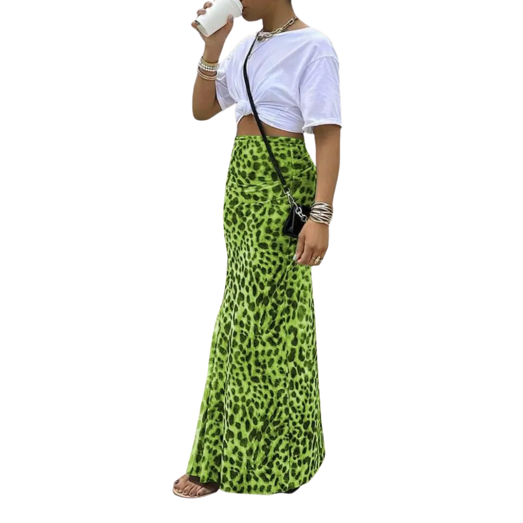 THORA™ – Wild Leopard Print Fishtail Midi Skirt