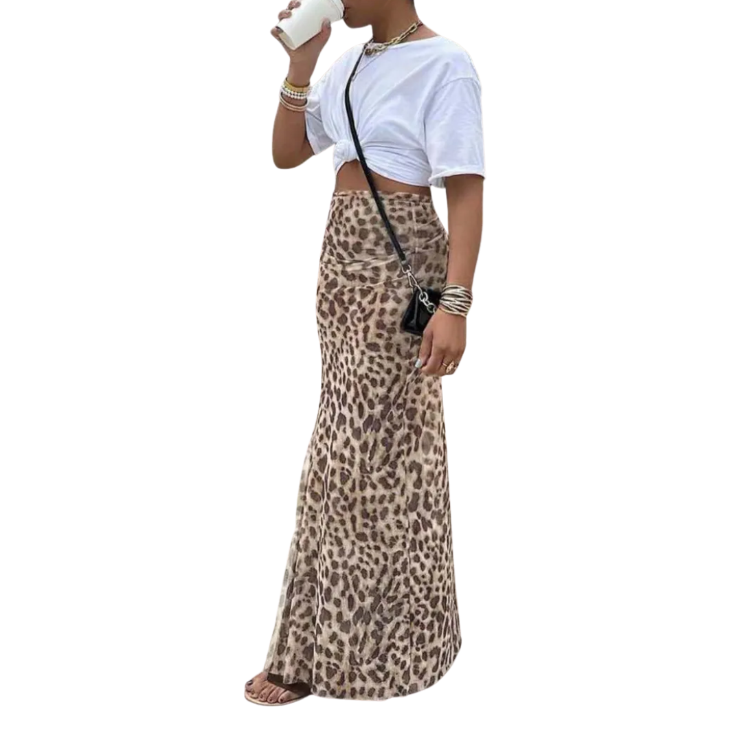 THORA™ – Wild Leopard Print Fishtail Midi Skirt