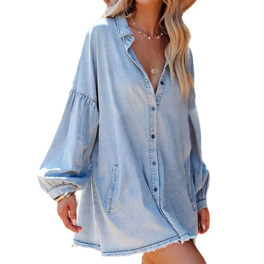DELVINA™ – Oversized Distressed Denim Tunic Dress
