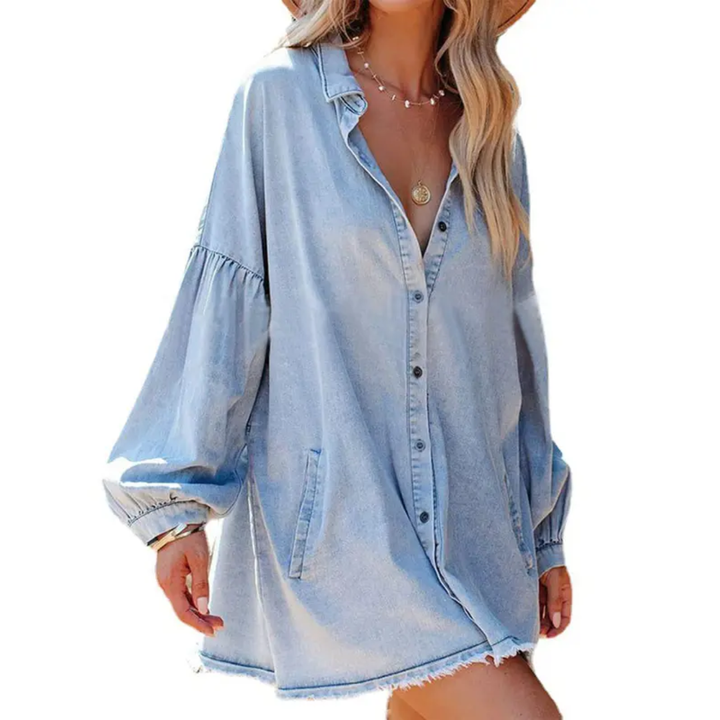 DELVINA™ – Oversized Distressed Denim Tunic Dress