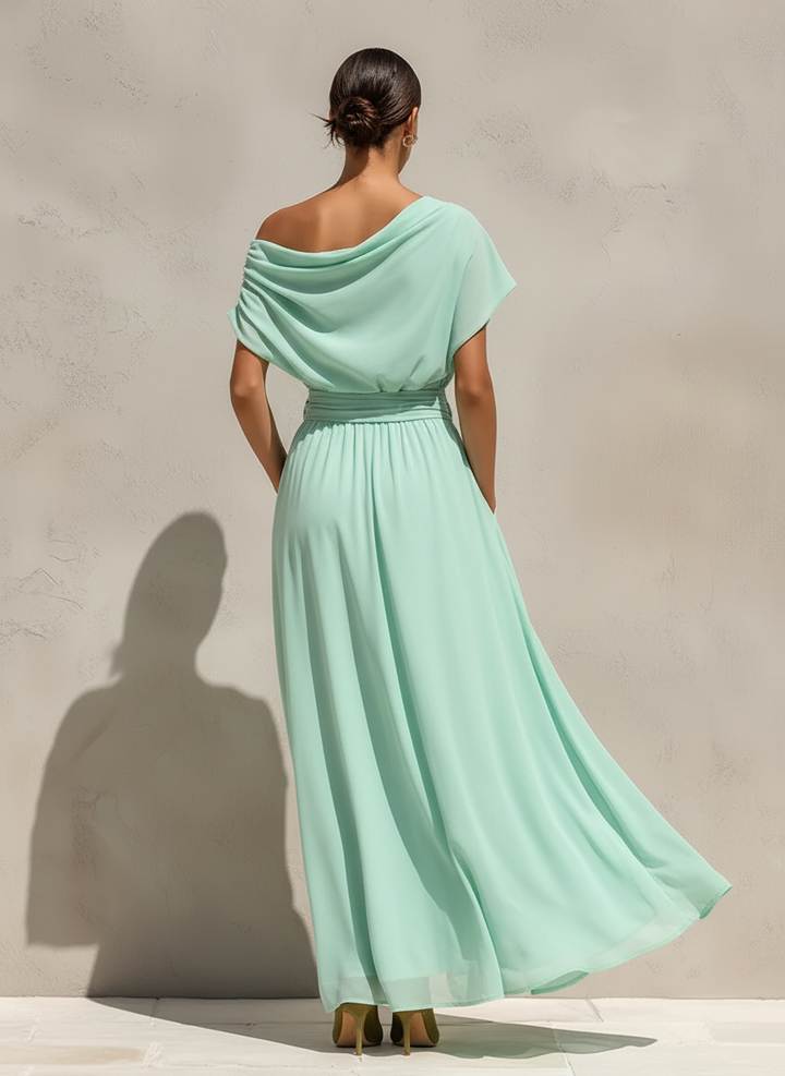 Women's Mint Green Chiffon Maxi Dress With Off-the-Shoulder Draped Neck & Belted Waist, Timeless Romantic-Resort Style Dress MDZ0231D1I