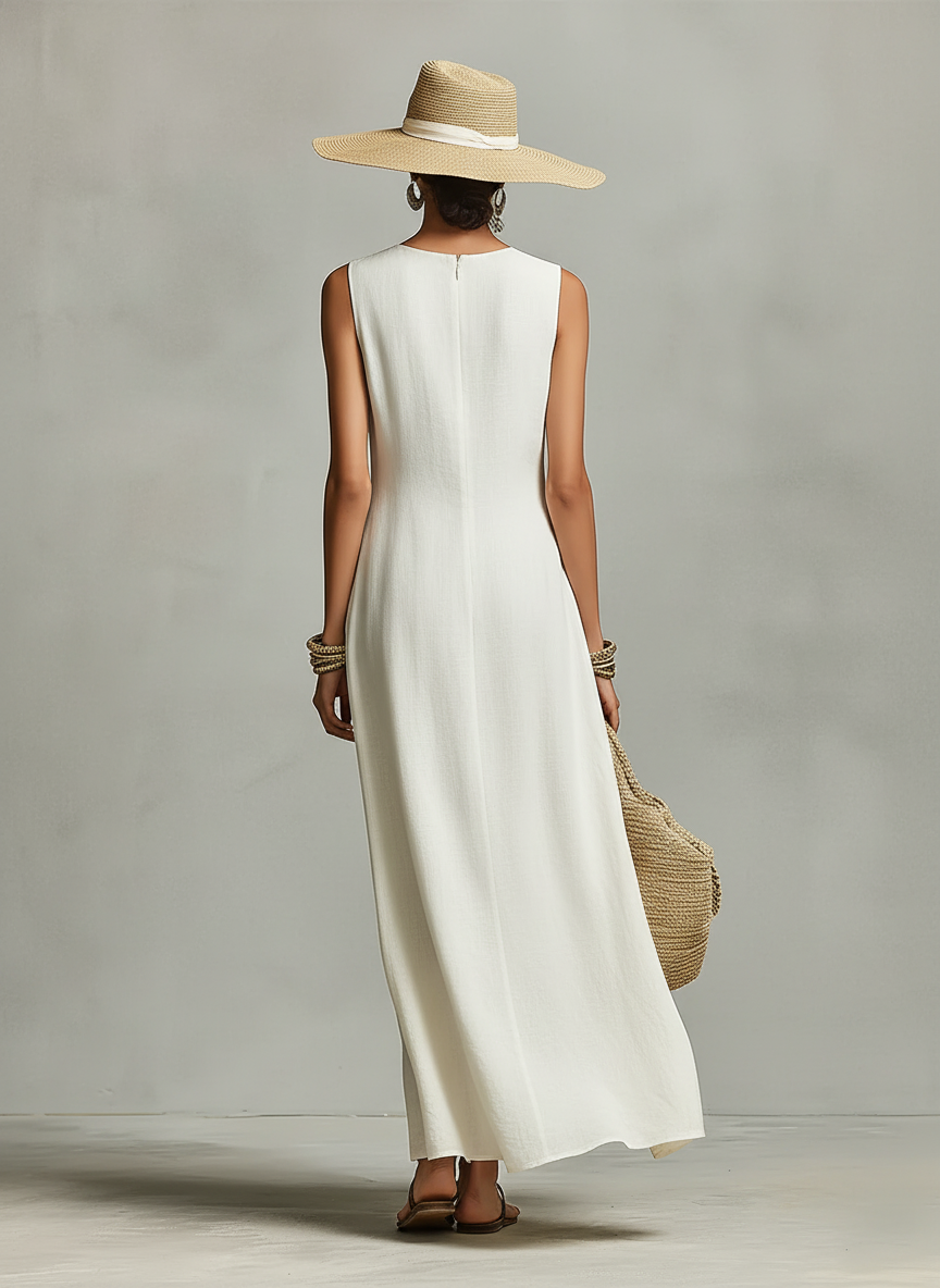 Women's Ivory Breathable Linen Dress With Sleeveless Detail & Asymmetric Hem, Contemporary Casual-Feminine Style Dress MDZ0408C2I