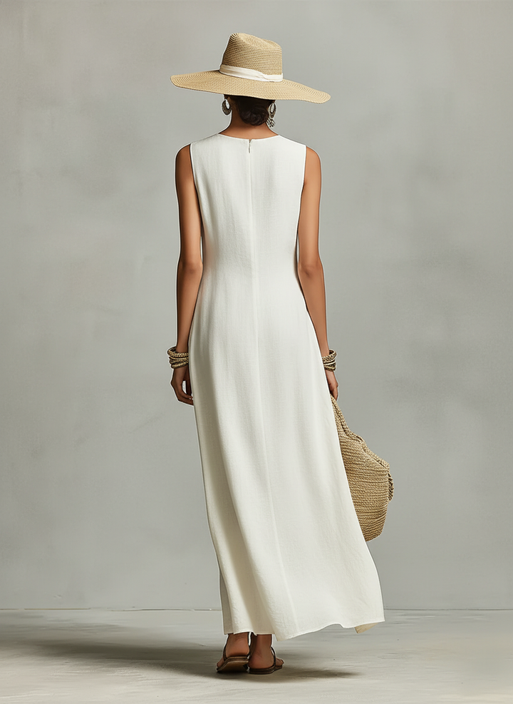 Women's Ivory Breathable Linen Dress With Sleeveless Detail & Asymmetric Hem, Contemporary Casual-Feminine Style Dress MDZ0408C2I