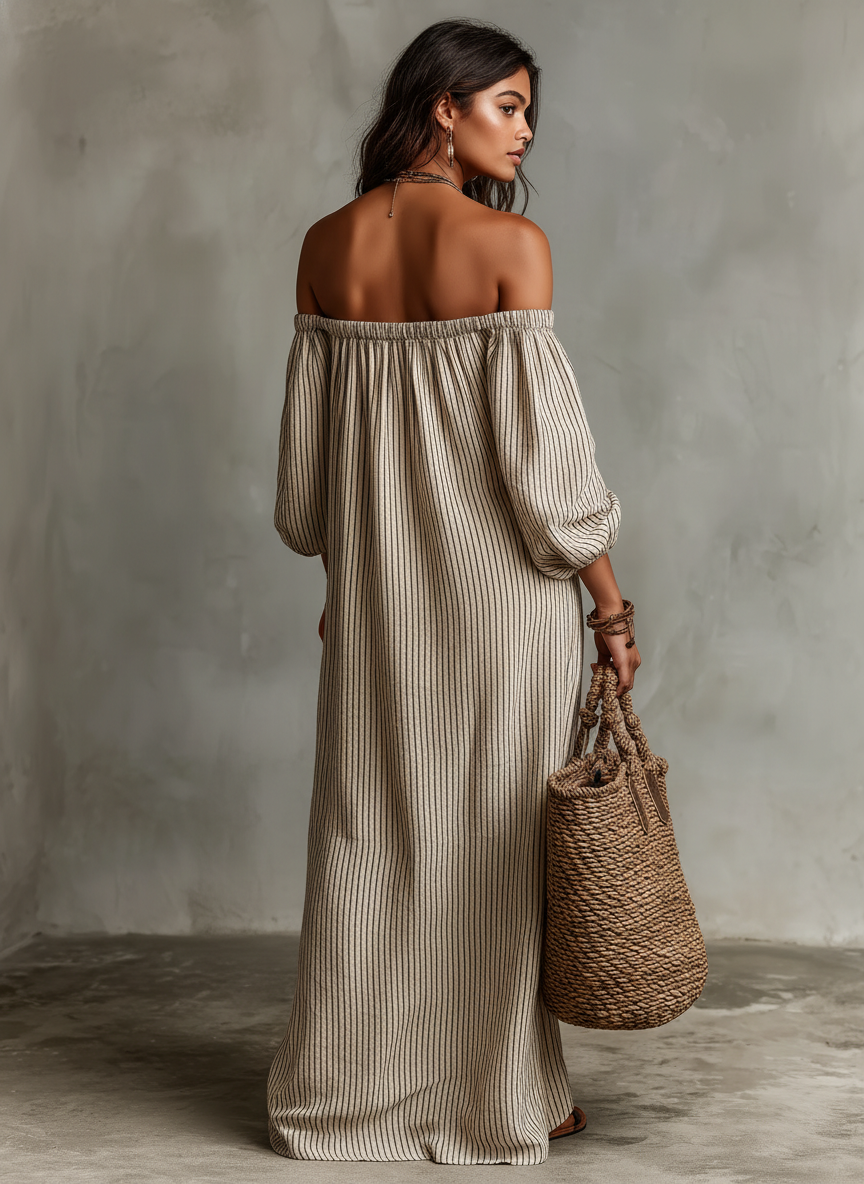 Women's Vacation Cotton-linen Blend Off-shoulder Long-sleeved Maxi Dress MDZ0481B5Y