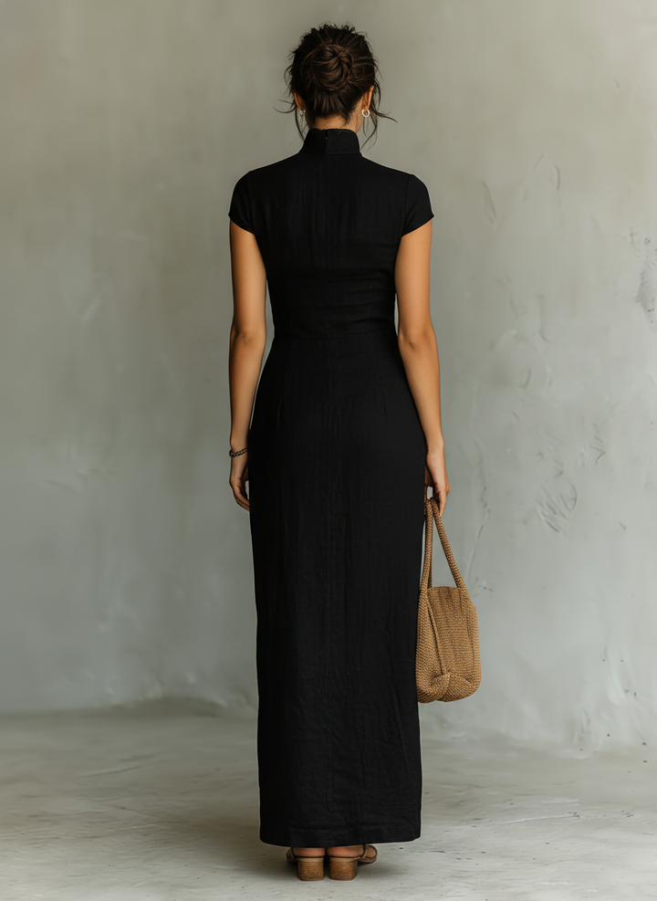 Women's Minimalist Cheongsam Collar Cap Sleeves Side Slit Maxi Dress MDZ0569C3Y