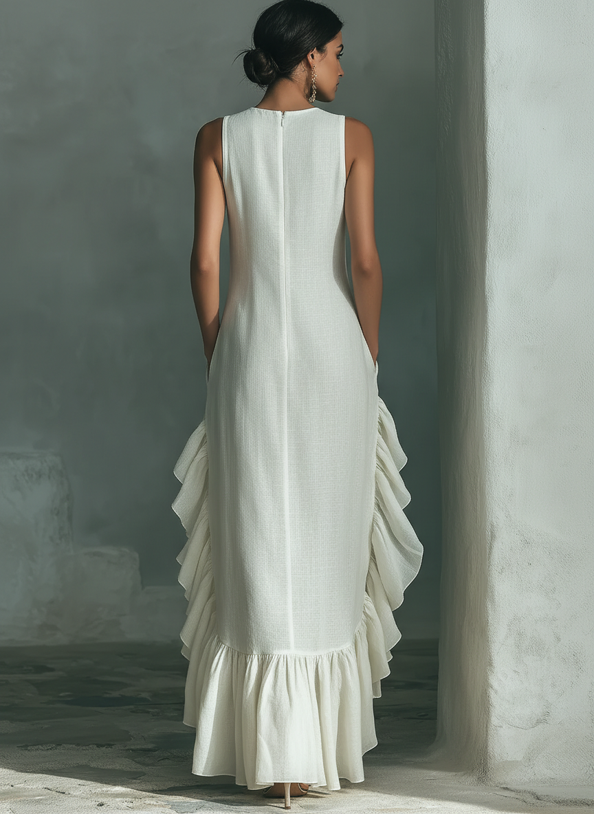 Women's Ivory Linen Fabric Sleeveless Maxi Dress With Round Neck & Ruffle Hem MDZ0973B9T